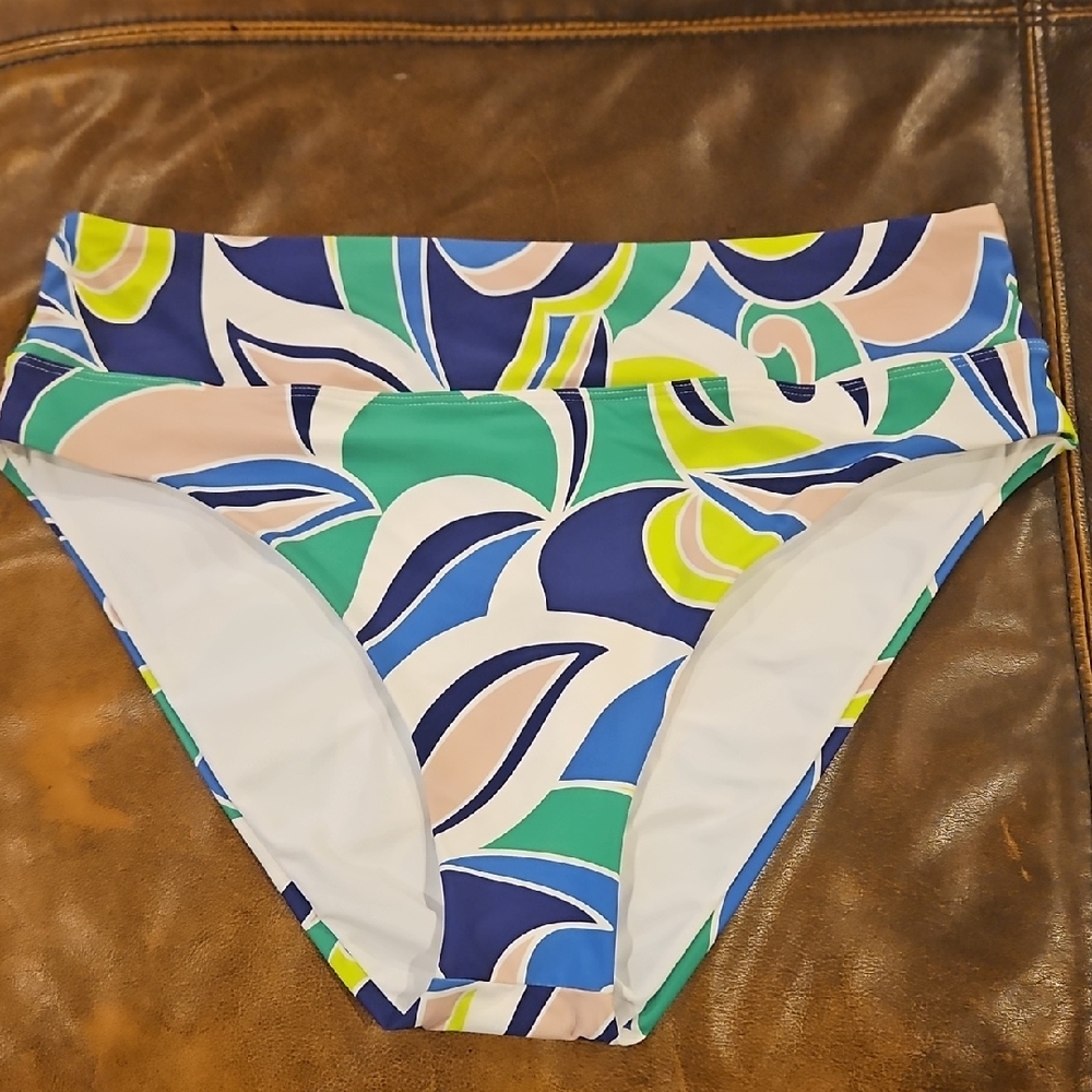 Gianni Bini High Waist Wide Band Swim Bottom: Blue/Green/White Scarf Print: XL‎